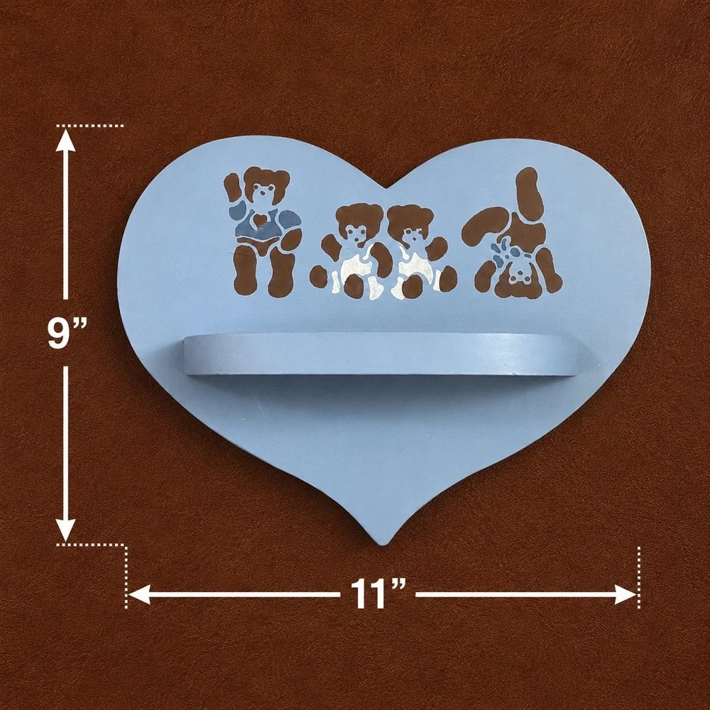 Vintage Heart Shaped Wood Wall Shelf Blue Hand Painted Teddy Bears Nursery Decor